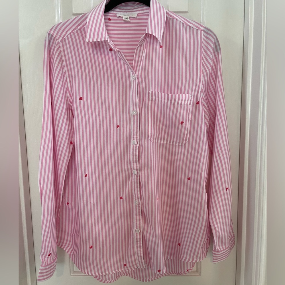 Pink Striped Button-Up Shirt with Small Red Heart Embroidery
